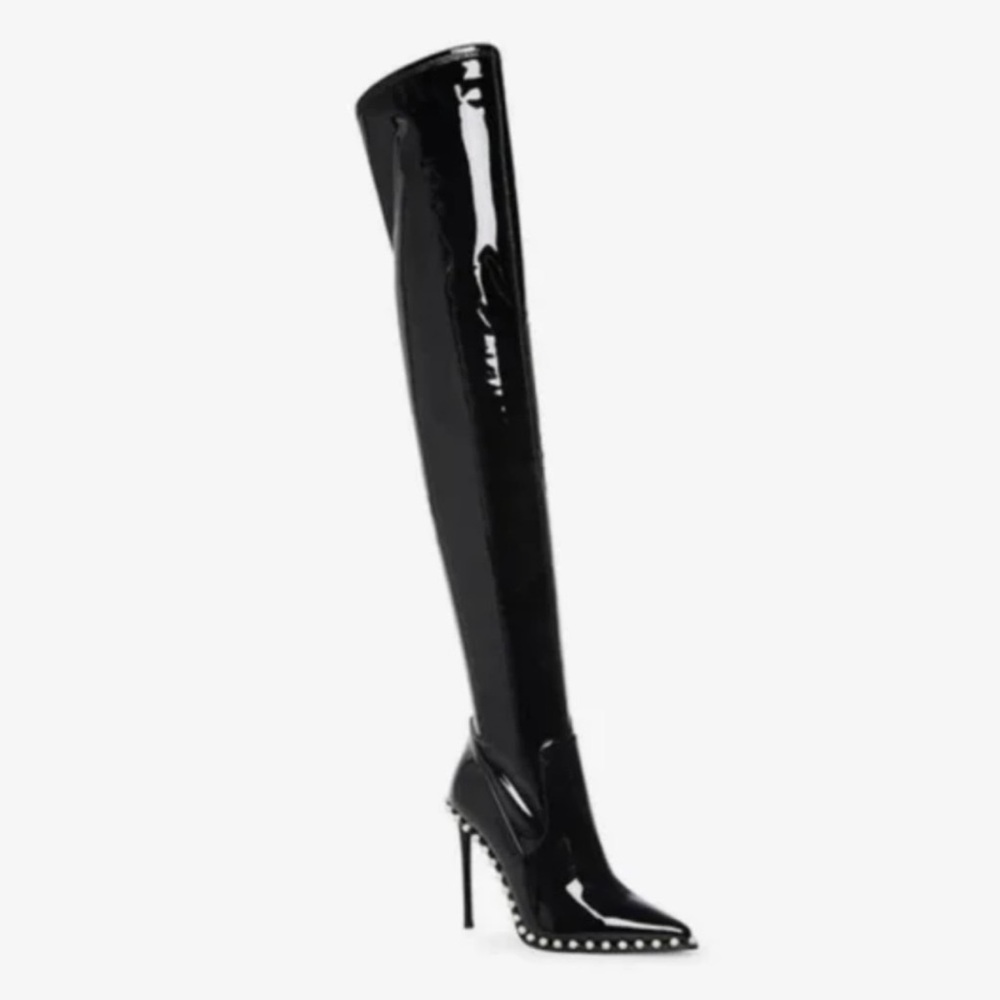 Steve Madden VYVA Rhinestone Black Patent Leather Over-the-Knee Thigh-High Boots